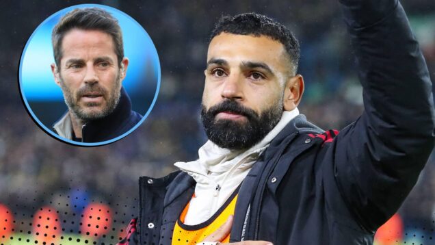 Mohamed Salah waves at Liverpool fans; Jamie Redknapp in circle
