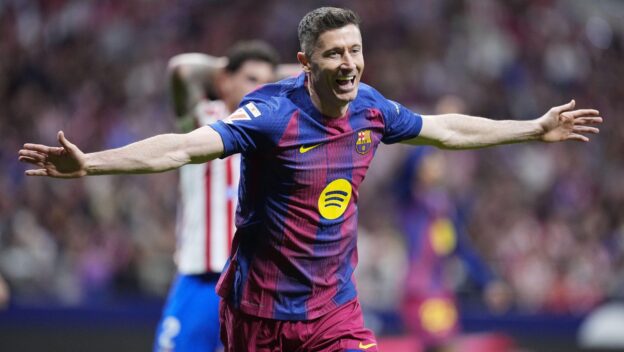 Robert Lewandowski of FC Barcelona celebrates a goal 1-2 during the Spanish championship LaLiga football match between Atletico de Madrid and FC Barcelona on 4 April 2026 at Riyadh Air Metropolitano stadium in Madrid, Spain
