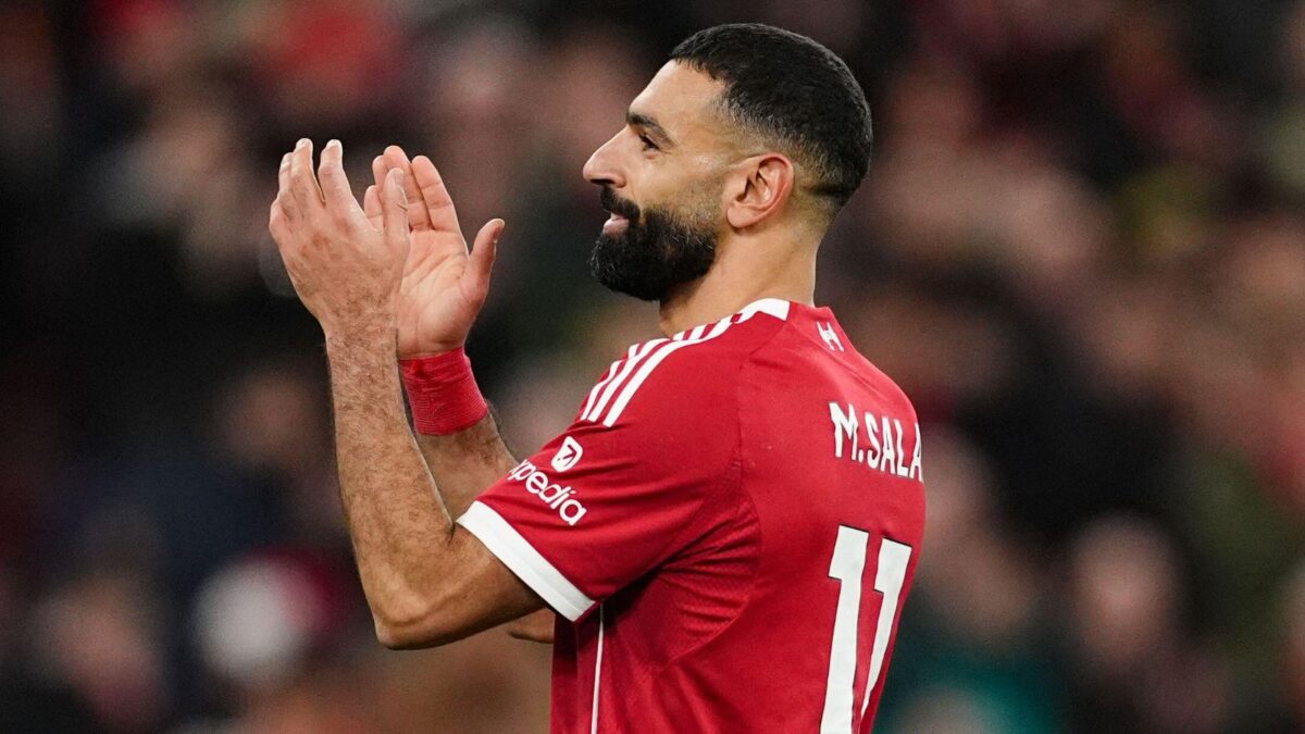 Salah applauds the Liverpool fans after what could be his final appearance.