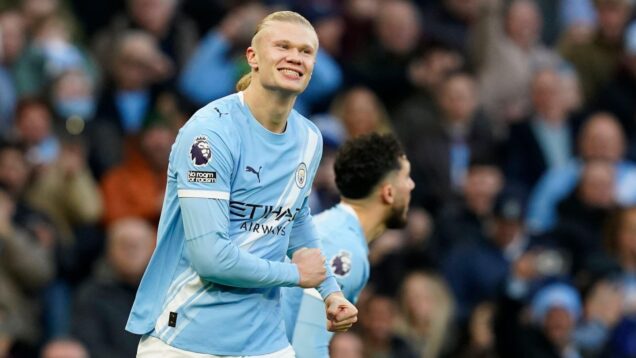 Manchester, UK. 20th Dec, 2025. Erling Haaland of Manchester City celebrates after scoring during the Manchester City vs West Ham United Premier League match at the Etihad Stadium, Manchester.