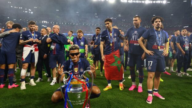 Budapest, Hungary. 30th May, 2026. DESIRE DOUE of PSG celebrates winning the UEFA Champions League 2025/26 final against and Arsenal FC at the Puskas Arena in Budapest, Hungary. PSG won 4:3 on penalties after a 1:1 game and wins the back to back trophy.