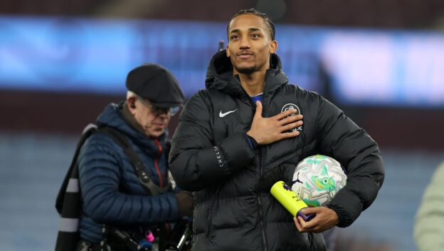 Birmingham, UK. 04th Mar, 2026. Joao Pedro of Chelsea celebrates after after the match after he scores a hat-trick .Premier League match, Aston Villa v Chelsea at Villa Park in Birmingham on Wednesday 4th March 2026.