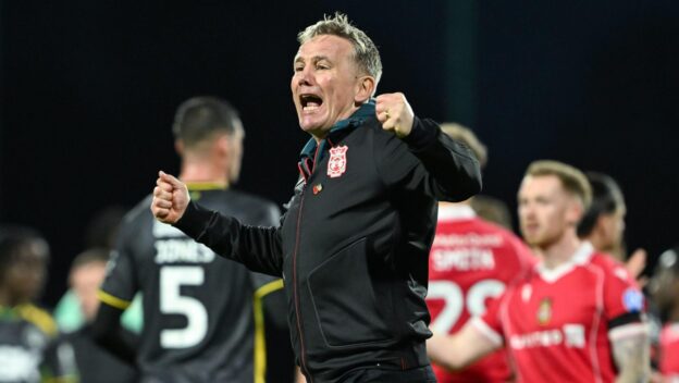 Wrexham manager Phil Parkinson celebrates the full time result following the Sky Bet Championship match at the SToK Stadium, Wrexham. Picture date: Saturday November 8, 2025.