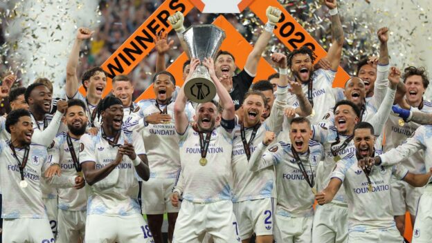 Aston Villa celebrate winning the Europa League in 2026.