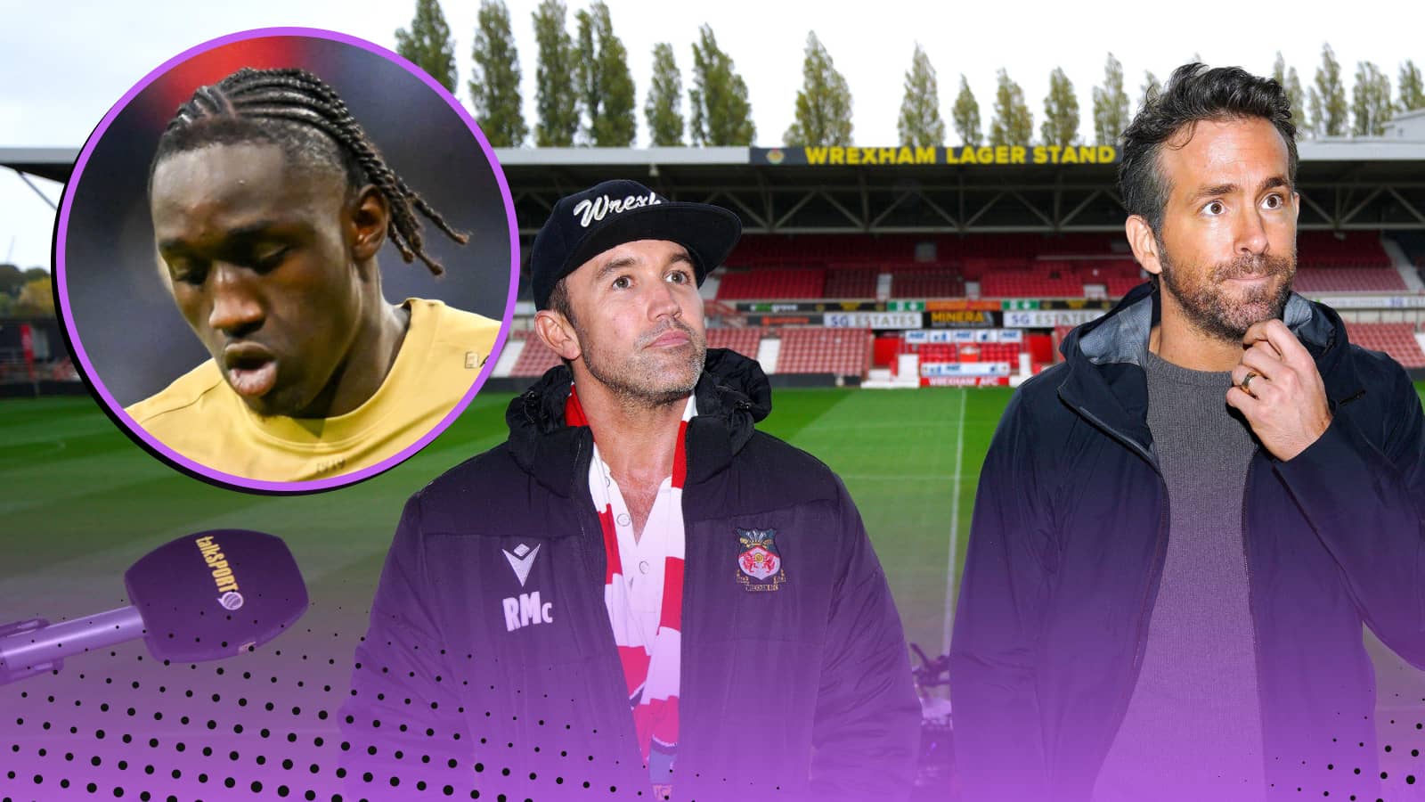 Sidiki Cherif in a circle with Ryan Reynolds, Rob McElhenney, Wrexham in the main