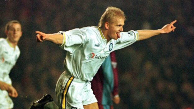 Alf Inge Haaland celebrates after scoring the second goal for Leeds during their Carling Premiership match against West Ham at Elland Road today (Sunday).