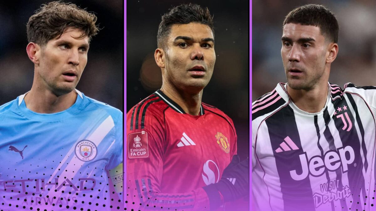 Collage of John Stones, Casemiro and Dusan Vlahovic