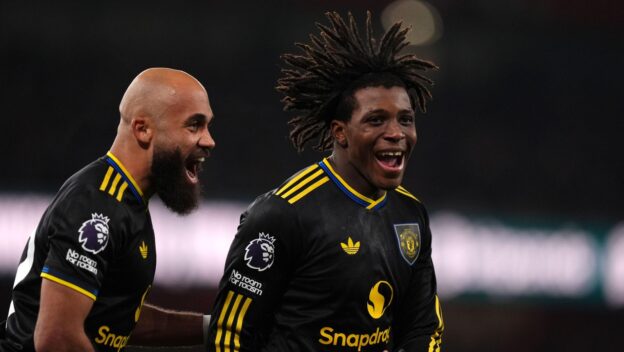 Two of United's goalscorers at the Emirates in January 2026 celebrate.