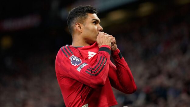 Manchester United's Casemiro celebrates after scoring during the Premier League soccer match between Manchester United and Brentford in Manchester, England, Monday, April 27, 2026.