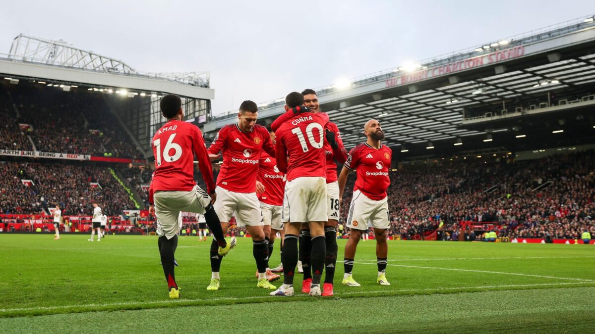 Manchester, UK. 01st Feb, 2026. Manchester United forward Matheus Cunha (10) scores a GOAL 2-0 celebrates Manchester United midfielder Casemiro (18) during the Manchester United v Fulham Premier League match at Old Trafford, Manchester, England on 1 February 2026