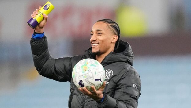 Chelsea's Joao Pedro celebrates with the match ball and the man of the match award after the Premier League match at Villa Park, Birmingham. Picture date: Wednesday March 4 2026.