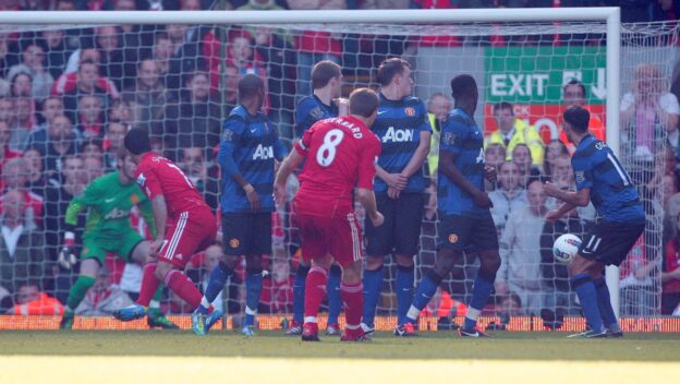 Steven Gerrard scores from a free-kick against Manchester United in October 2011.