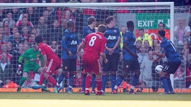 Steven Gerrard scores from a free-kick against Manchester United in October 2011.
