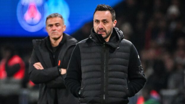Luis ENRIQUE of PSG and Roberto DE ZERBI of Marseille during the French championship Ligue 1 football match between Paris Saint-Germain and Olympique de Marseille on 8 February 2026 at Parc des Princes stadium in Paris, France