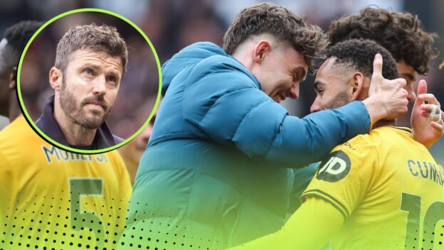 Former Wolves pair Jorgen Strand Larsen and Matheus Cunha with Michael Carrick in a circle