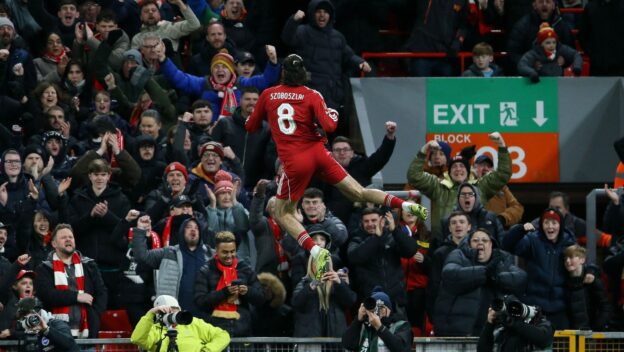 Szoboszlai celebrates in front of The Kop after scoring against Brighton.