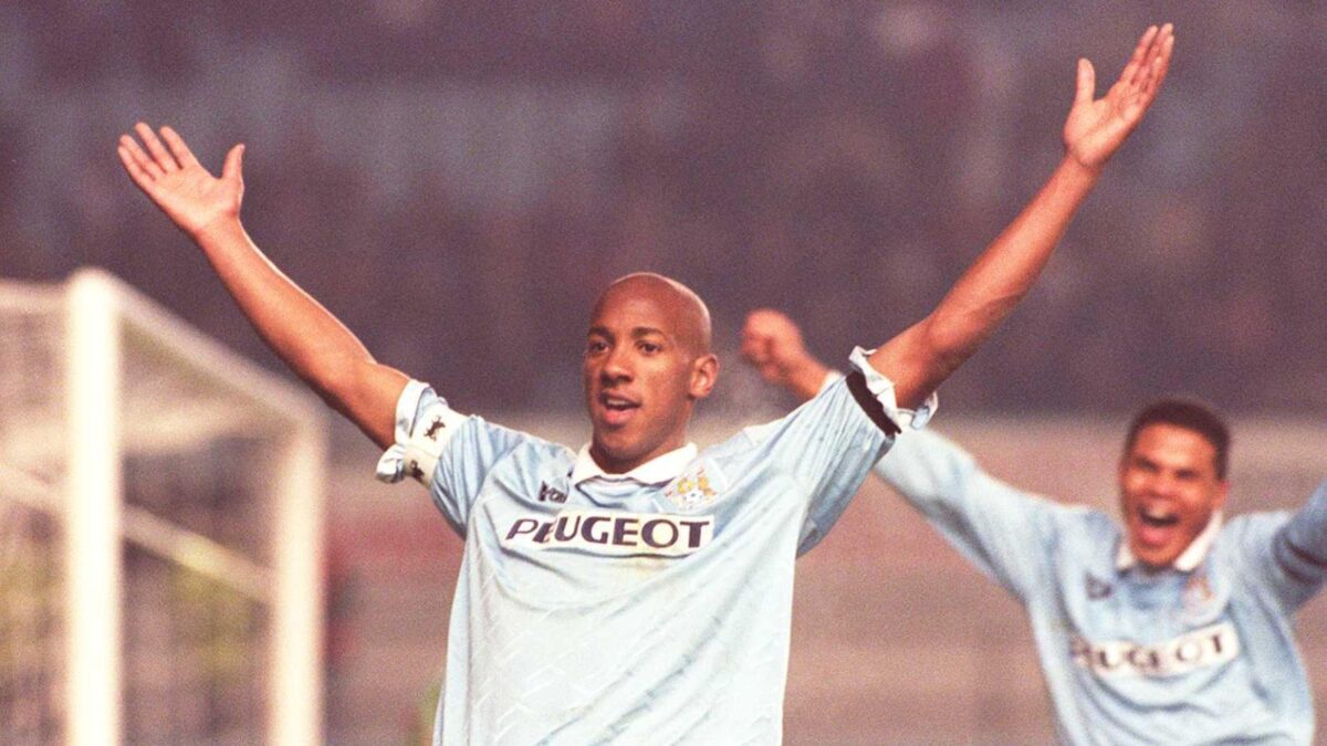 Coventry's all-time highest Premier League scorer celebrates in December 1995.