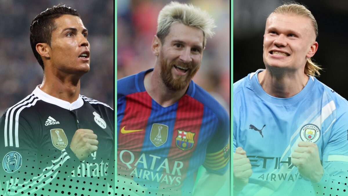Most left-footed goals in the 21st century featuring Cristiano Ronaldo, Lionel Messi and Erling Haaland