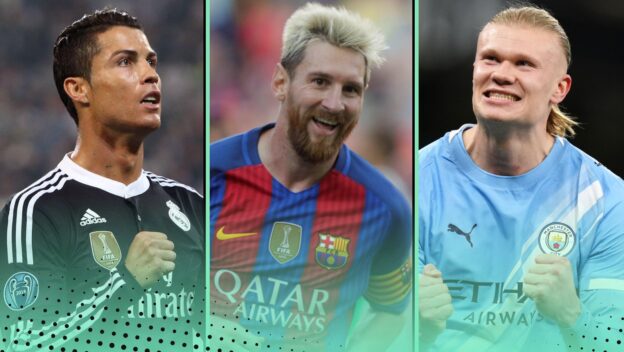 Most left-footed goals in the 21st century featuring Cristiano Ronaldo, Lionel Messi and Erling Haaland