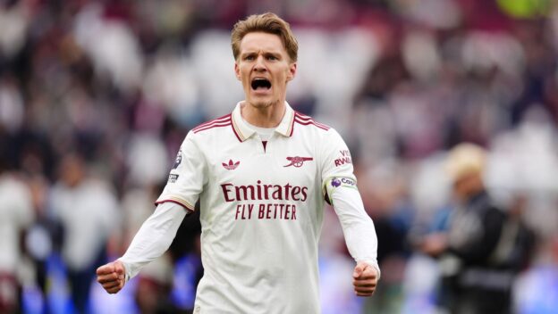 Arsenal's Martin Odegaard celebrates after the Premier League match at London Stadium, London. Picture date: Sunday May 10, 2026.
