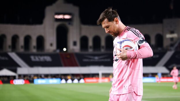 Inter Miami forward Lionel Messi walks towards the corner for a corner kick during the first half of an MLS soccer match against Los Angeles FC, Saturday, Feb. 21, 2026, in Los Angeles, Calif.