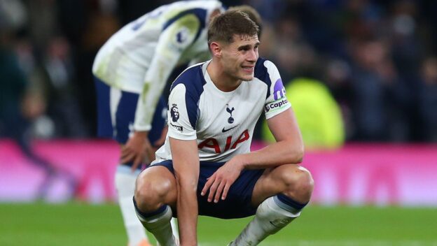 London, UK. 29th Nov, 2025. London, England, November 29 2025: Micky van de Ven (37 Tottenham Hotspur) dejected at full time in the Premier League game between Tottenham Hotspur and Fulham at Tottenham Hotspur Stadium in London, England.