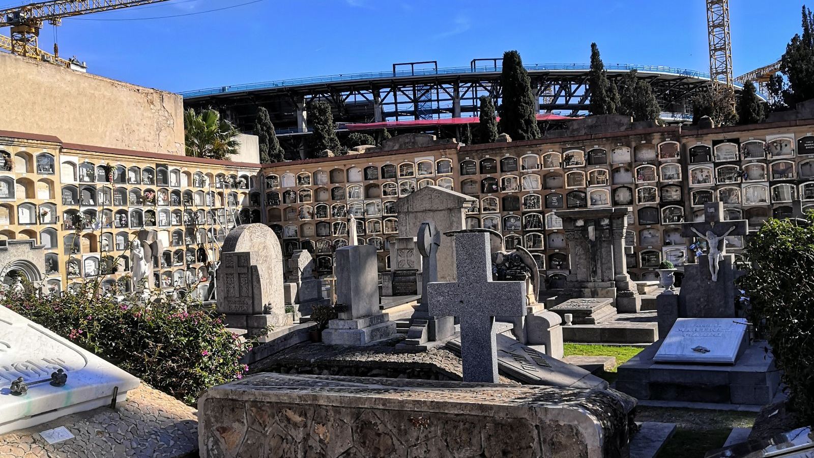 Barcelona's Les Corts cemetery, with Camp Nou looming overhead.