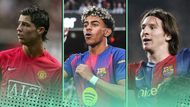 Lionel Messi Cristiano Ronaldo Lamine Yamal first career hat-tricks