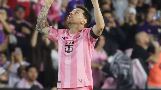 Lionel Messi celebrates scoring for Inter Miami.