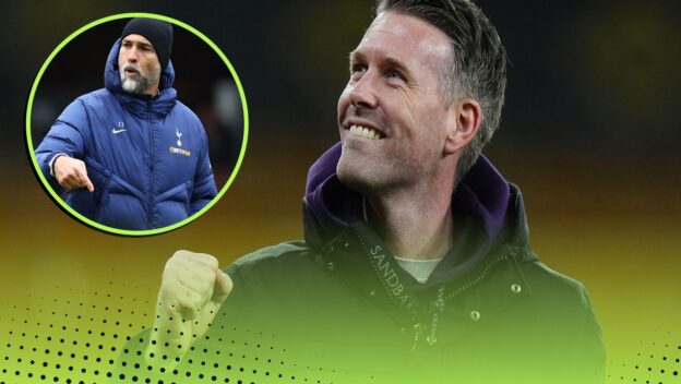 Rob Edwards celebrates Wolves' win over Liverpool and, inset, Spurs manager Igor Tudor.