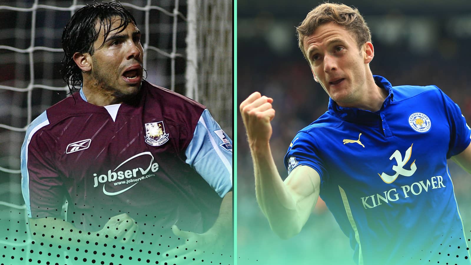 A collage of Carlos Tevez celebrating for West Ham and Andy King celebrating for Leicester City