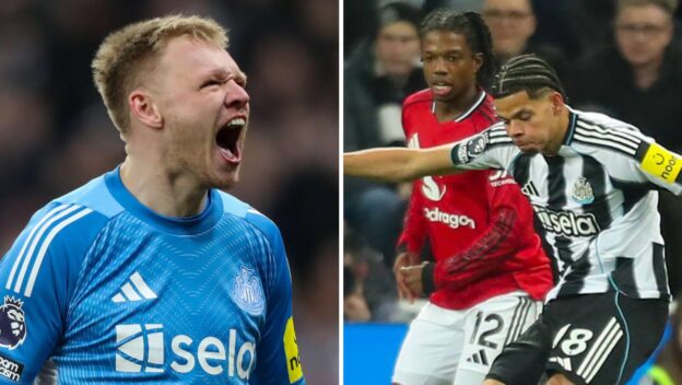 Aaron Ramsdale celebrates William Osula's goal.