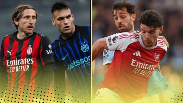 Luka Modric stood next to Lautaro Martinez, and Bernardo Silva challenging Declan Rice