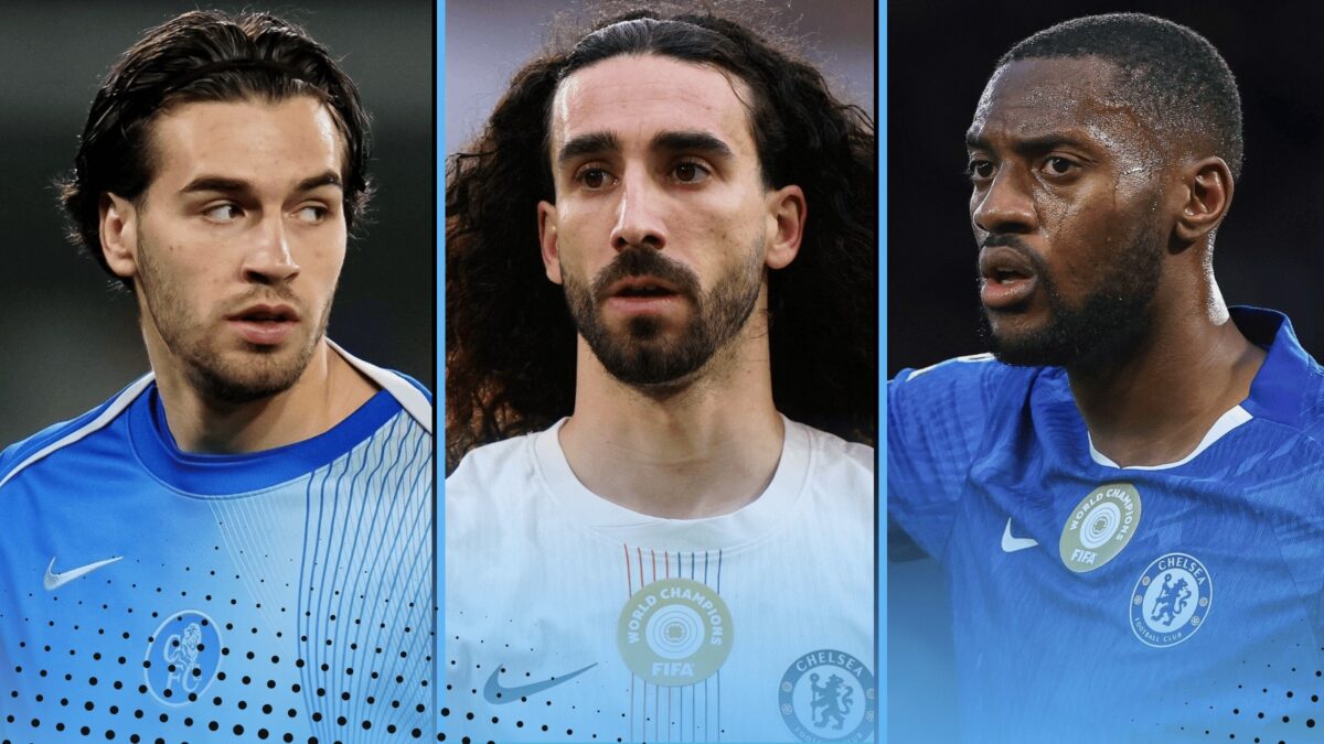 A collage of Chelsea players Marc Guiu, Marc Cucurella and Tosin Adarabioyo