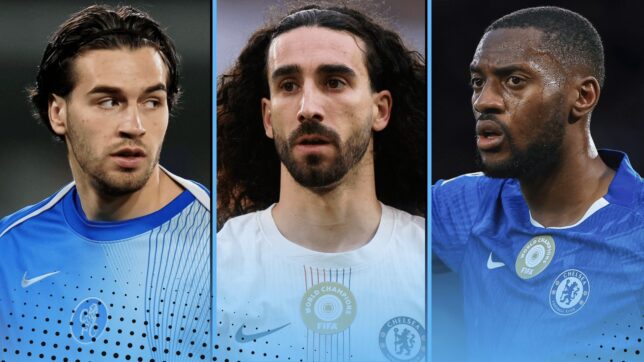 A collage of Chelsea players Marc Guiu, Marc Cucurella and Tosin Adarabioyo