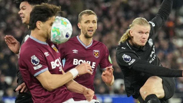 West Ham defender Konstantinos Mavropanos blocks an Erling Haaland shot