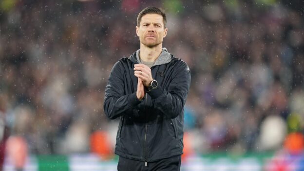 London, UK. 18th Apr, 2024. Xabi Alonso, Head coach of Bayer Leverkusen clapping the fans after the West Ham United FC v Bayer 04 Leverkusen UEFA Europa League Quater-Finals 2nd Leg match at London Stadium, London, England, United Kingdom on 18 April 2024