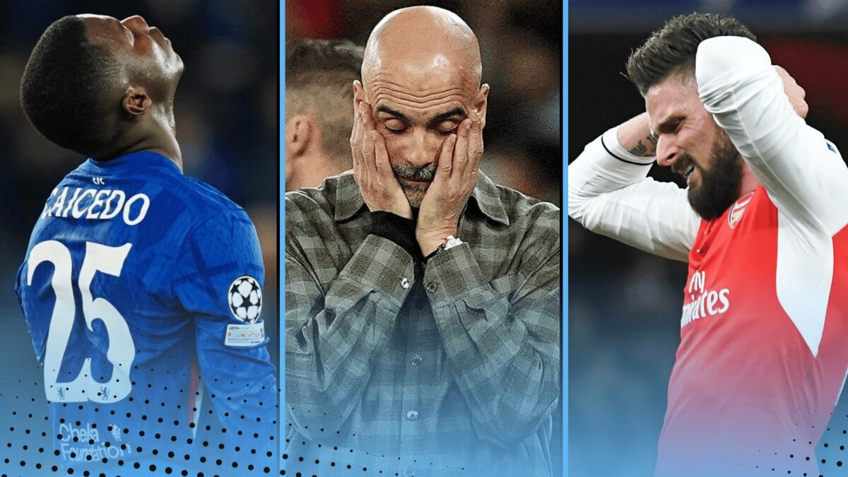 Moises Caicedo, Pep Guardiola and Olivier Giroud all reacting to Champions League defeats