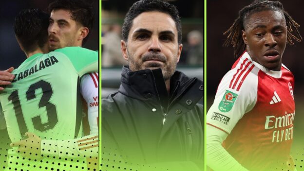 Arsenal Carabao Cup final graphic with Kepa, Havertz, Arteta and Eze