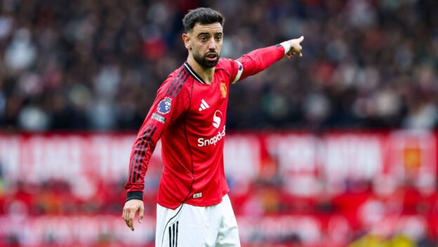 Manchester United midfielder Bruno Fernandes (8) gestures during the Manchester United v Liverpool Premier League match at Old Trafford, Manchester, England on 3 May 2026
