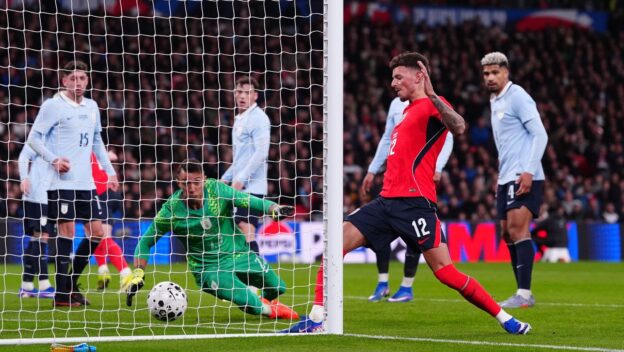 Ben White nets from one inch out against Uruguay in 2026.