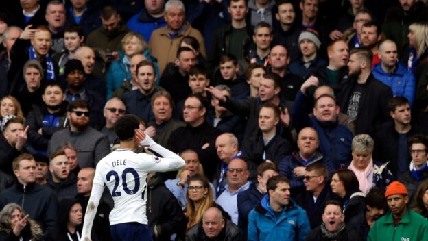 Dele celebrates after scoring for Spurs against Chelsea in 2018