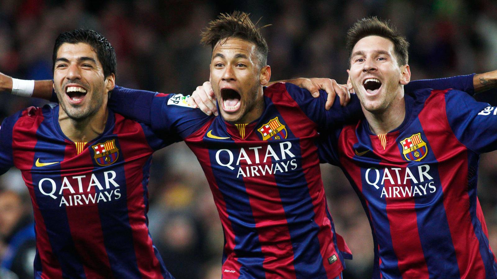 Lionel Messi (FC Barcelona) celebrates with his teammate Neymar da Silva Jr (FC Barcelona) and Luis Suarez (FC Barcelona) after scoring, during La Liga soccer match between FC Barcelona and Atletico de Madrid, at the Camp Nou stadium in Barcelona, Spain on january 11, 2015.