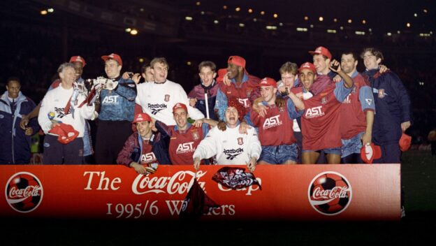 Aston Villa celebrate their last piece of major silverware.