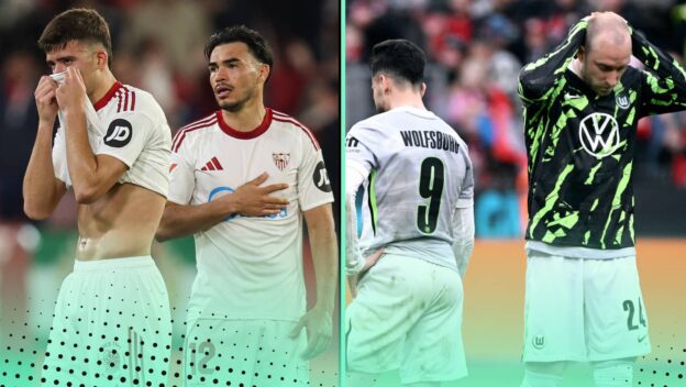 Sevilla and Wolfsburg players looking dejected
