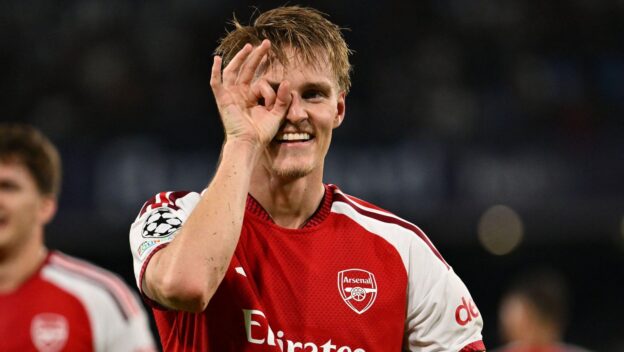 Martin Ødegaard of Arsenal F.C. celebrates after scoring the goal of 0-1 during the UEFA Champions League phase day 1 football match between S.S.C. Napoli and Arsenal F.C. at the Diego Armando Maradona Stadium on September 9, 2026 in Naples, Italy.
