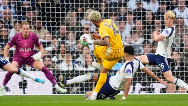 Brighton forward Georginio Rutter scores against Spurs