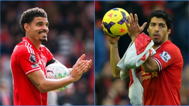Nottingham Forest player Morgan Gibbs-White and Liverpool forward Luis Suarez