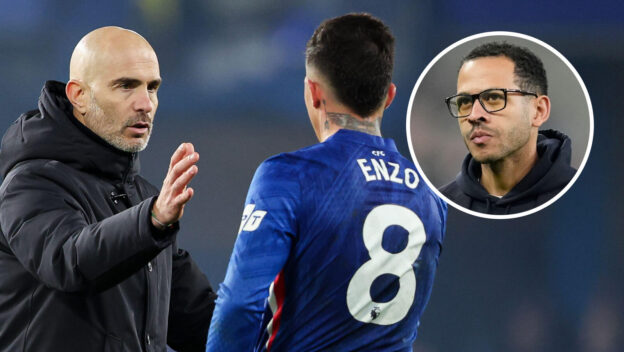 Enzo Fernandez with ex-Chelsea boss Enzo Maresca and, inset, Liam Rosenior.