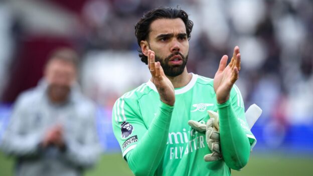 LONDON, UK - 10th May 2026: David Raya of Arsenal celebrates after the Premier League match between West Ham United FC and Arsenal FC at London Stadium